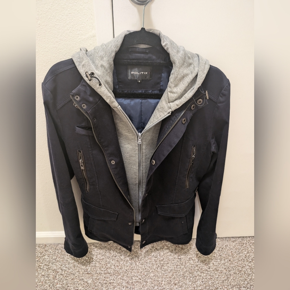 Black jacket with a grey hoodie